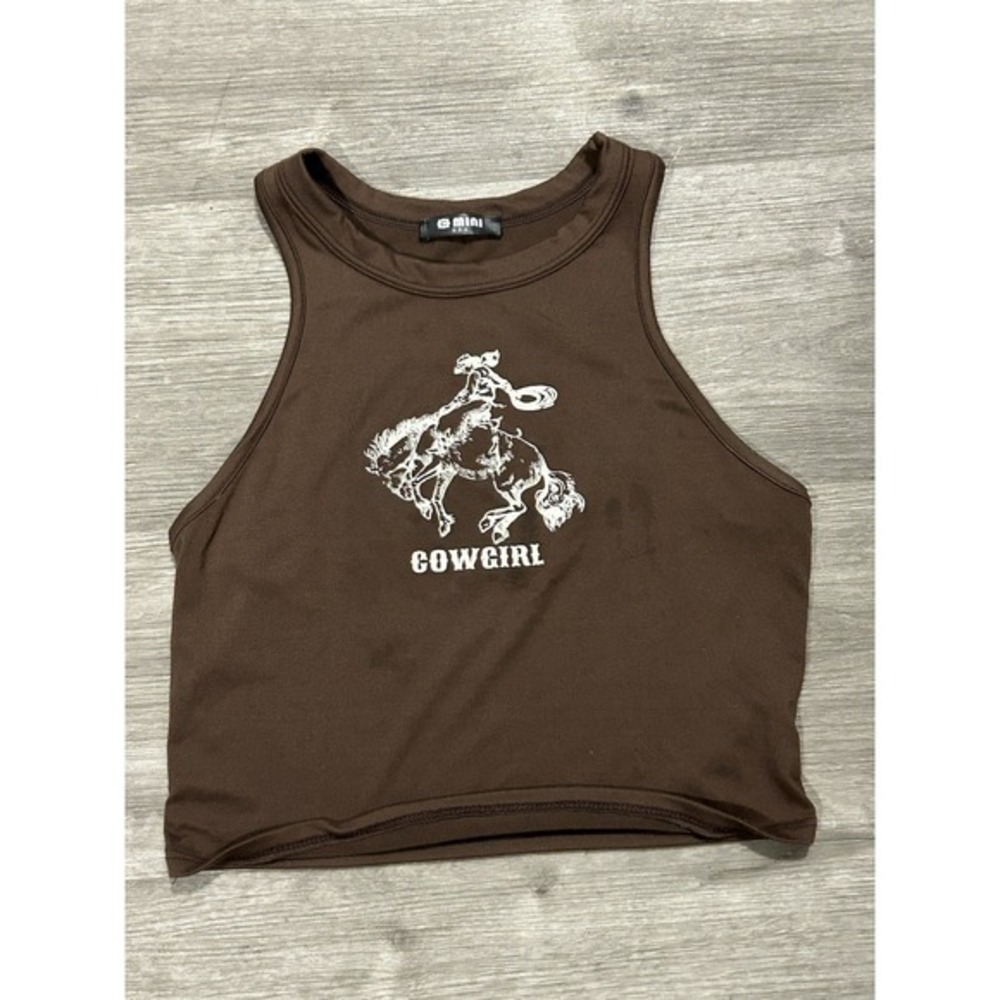 mini USA cowgirl crop tank top brown graphic rodeo horse *See measurements